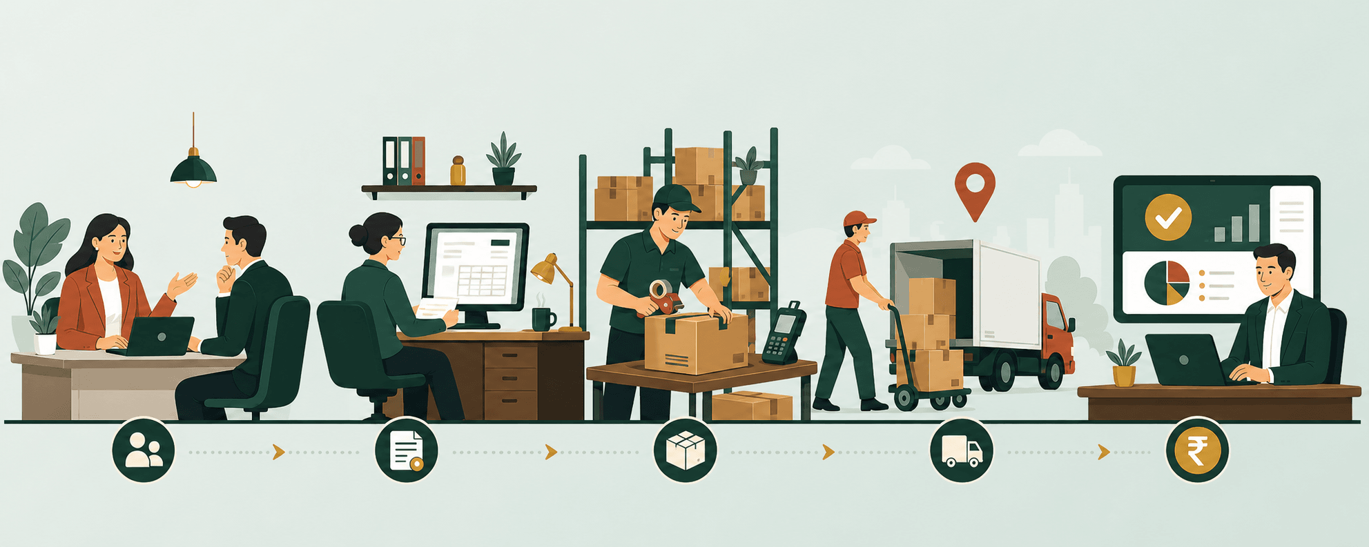 People completing a business cycle from customer order and invoicing through packing, dispatch, and payment